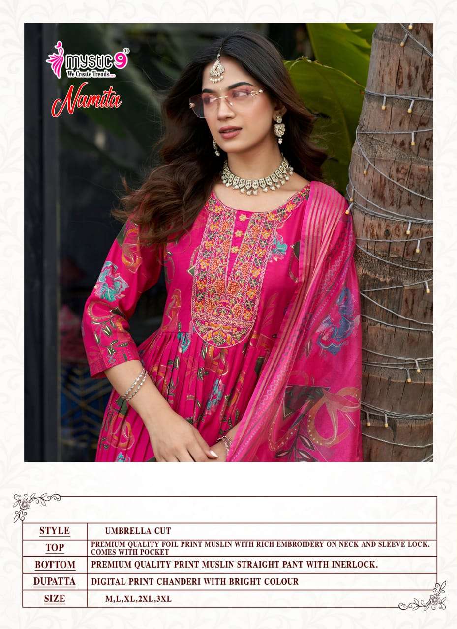 Mystic 9 Namita Vol 1 Muslin Foil Print Kurti Pant Dupatta Set