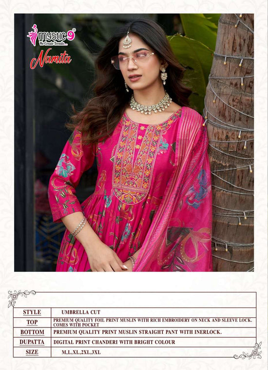 Mystic 9 Namita Vol 1 Muslin Foil Print Kurti Pant Dupatta Set