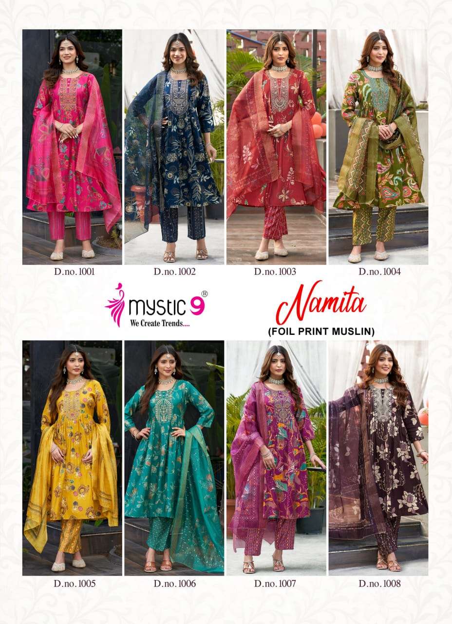 Mystic 9 Namita Vol 1 Muslin Foil Print Kurti Pant Dupatta Set