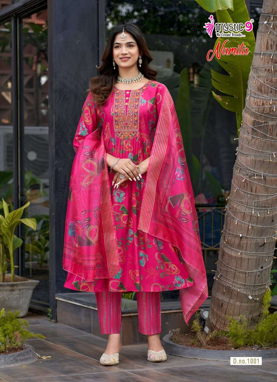 Mystic 9 Namita Vol 1 Muslin Foil Print Kurti Pant Dupatta Set