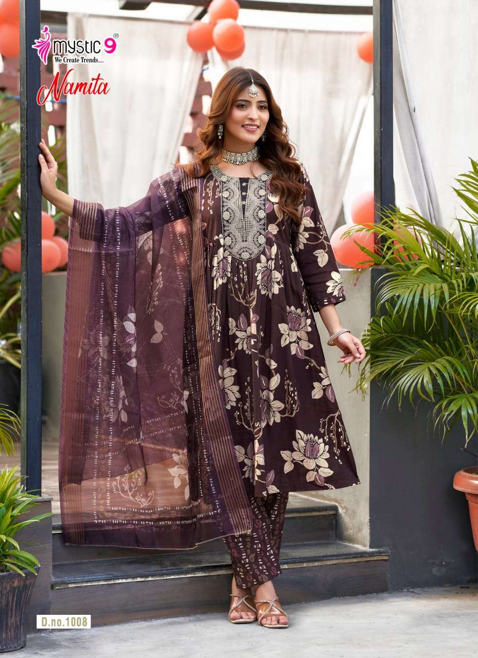 Mystic 9 Namita Vol 1 Muslin Foil Print Kurti Pant Dupatta Set
