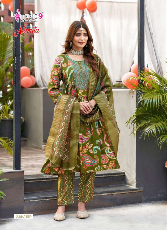 Mystic 9 Namita Vol 1 Muslin Foil Print Kurti Pant Dupatta Set