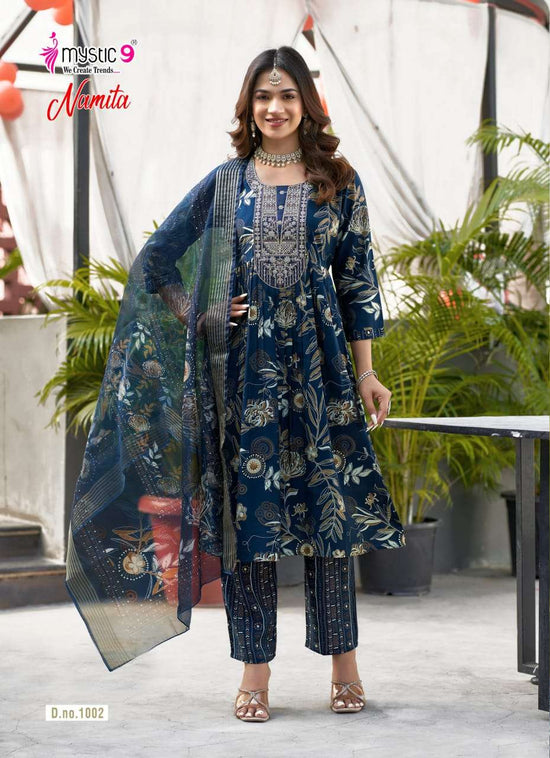 Mystic 9 Namita Vol 1 Muslin Foil Print Kurti Pant Dupatta Set