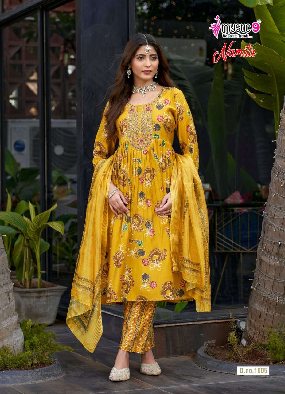 Mystic 9 Namita Vol 1 Muslin Foil Print Kurti Pant Dupatta Set