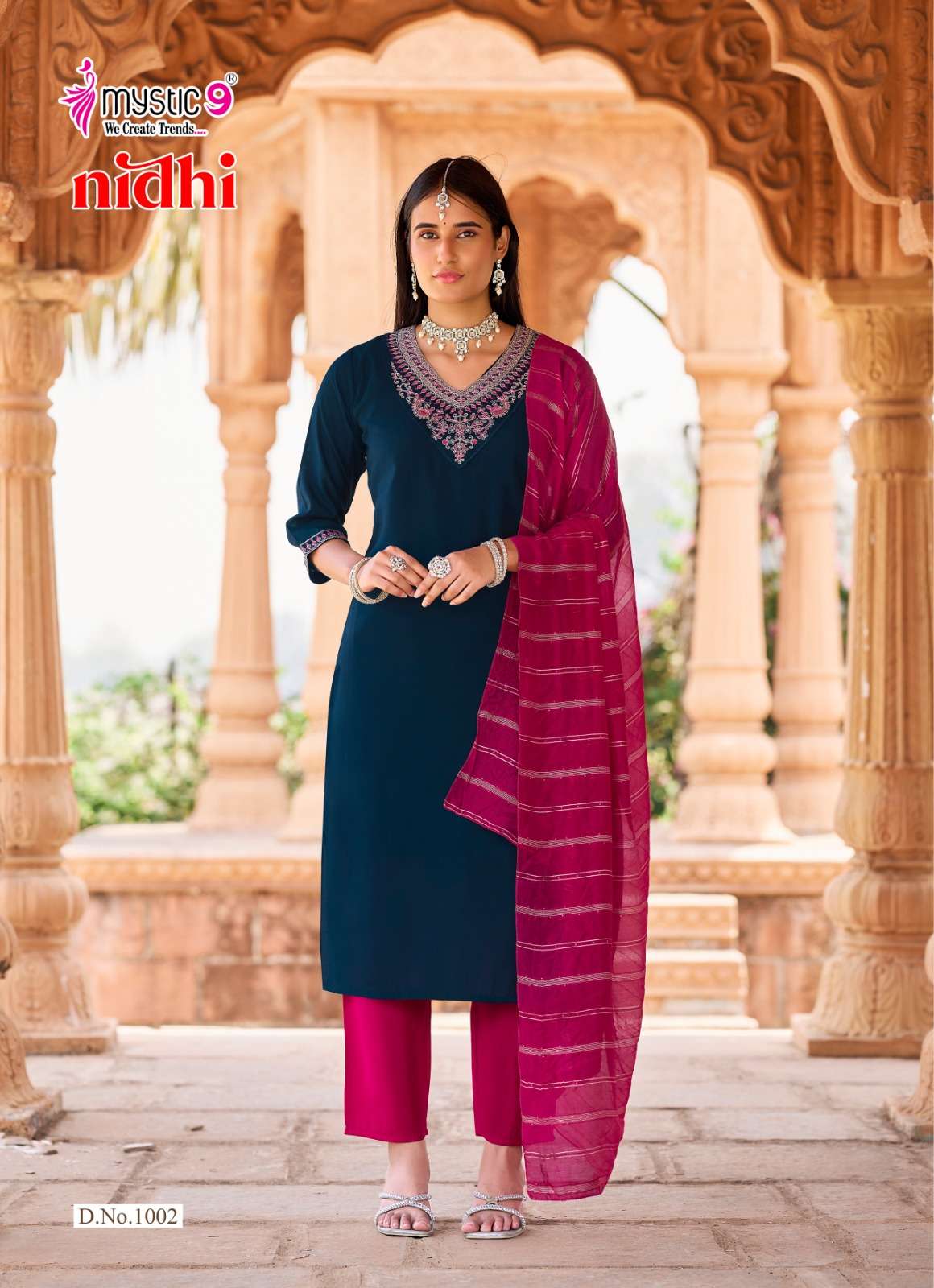 Mystic 9 Nidhi Vol 1 Roman Silk Kurti Pant Dupatta Set - Amrah Wholesale