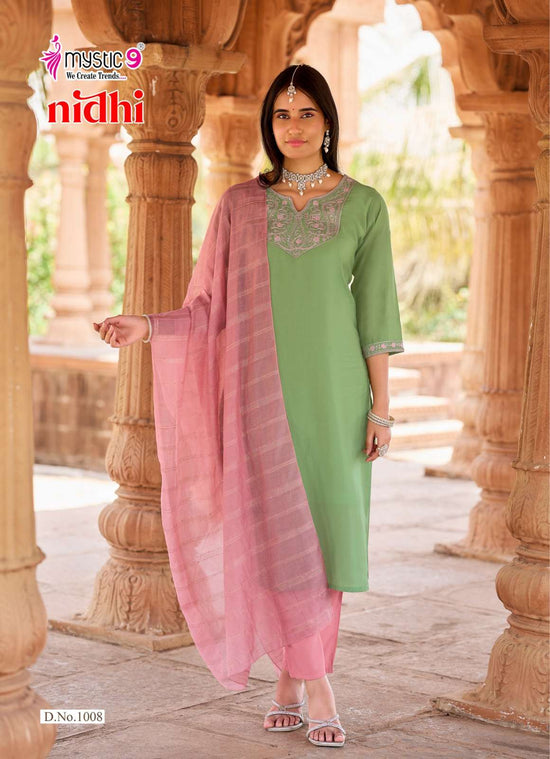 Mystic 9 Nidhi Vol 1 Roman Silk Kurti Pant Dupatta Set - Amrah Wholesale