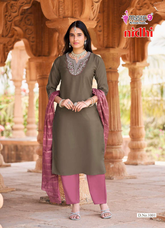 Mystic 9 Nidhi Vol 1 Roman Silk Kurti Pant Dupatta Set - Amrah Wholesale