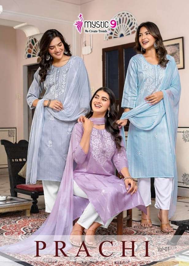 Mystic 9 Prachi Vol 1 Embroidered Kurti Pant Dupatta Set