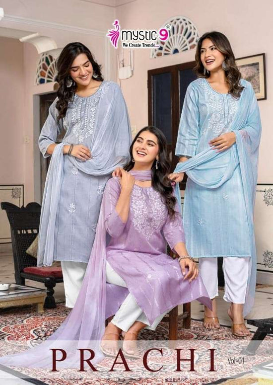 Mystic 9 Prachi Vol 1 Embroidered Kurti Pant Dupatta Set