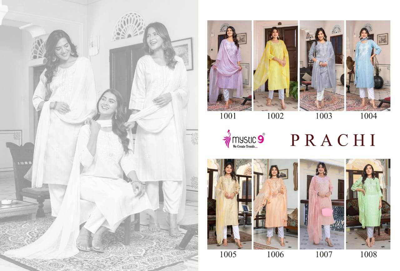 Mystic 9 Prachi Vol 1 Embroidered Kurti Pant Dupatta Set