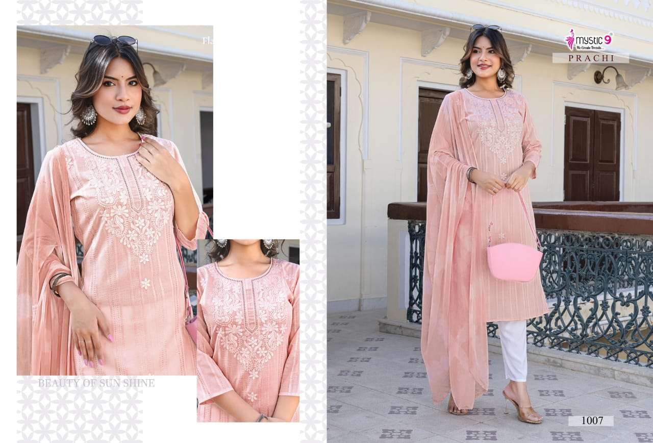 Mystic 9 Prachi Vol 1 Embroidered Kurti Pant Dupatta Set