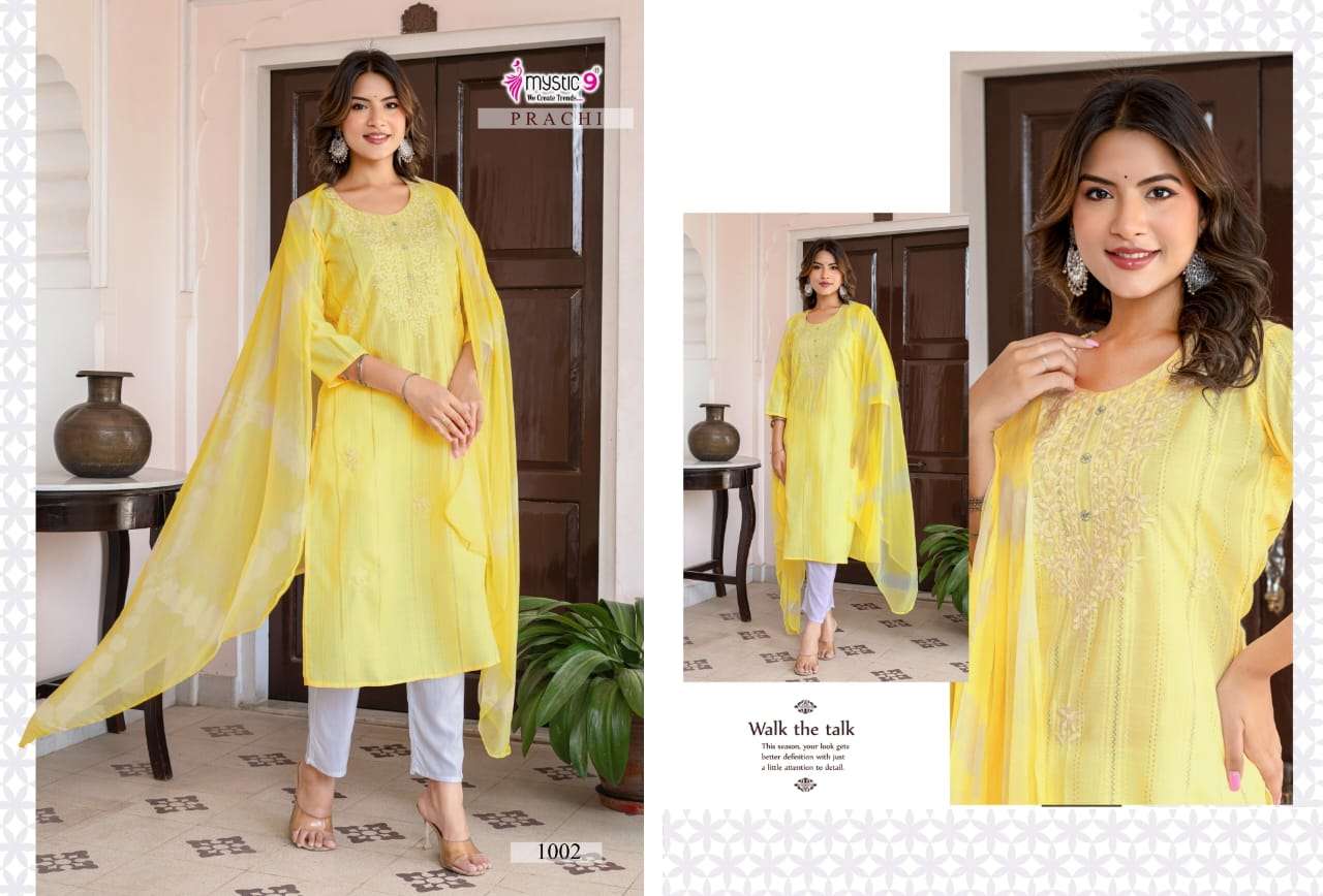 Mystic 9 Prachi Vol 1 Embroidered Kurti Pant Dupatta Set