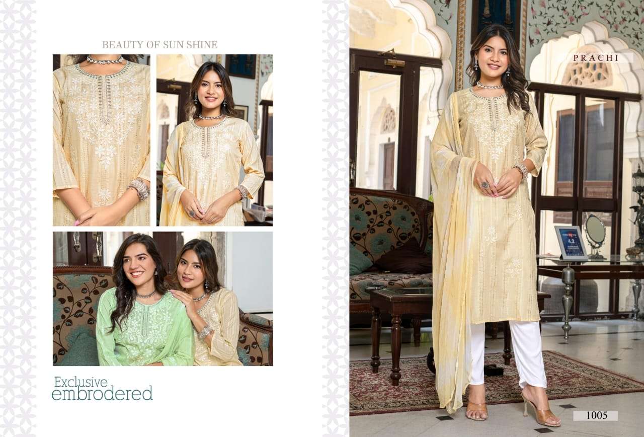 Mystic 9 Prachi Vol 1 Embroidered Kurti Pant Dupatta Set
