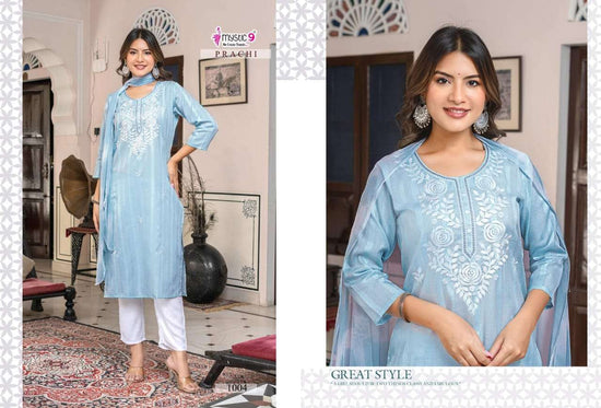 Mystic 9 Prachi Vol 1 Embroidered Kurti Pant Dupatta Set