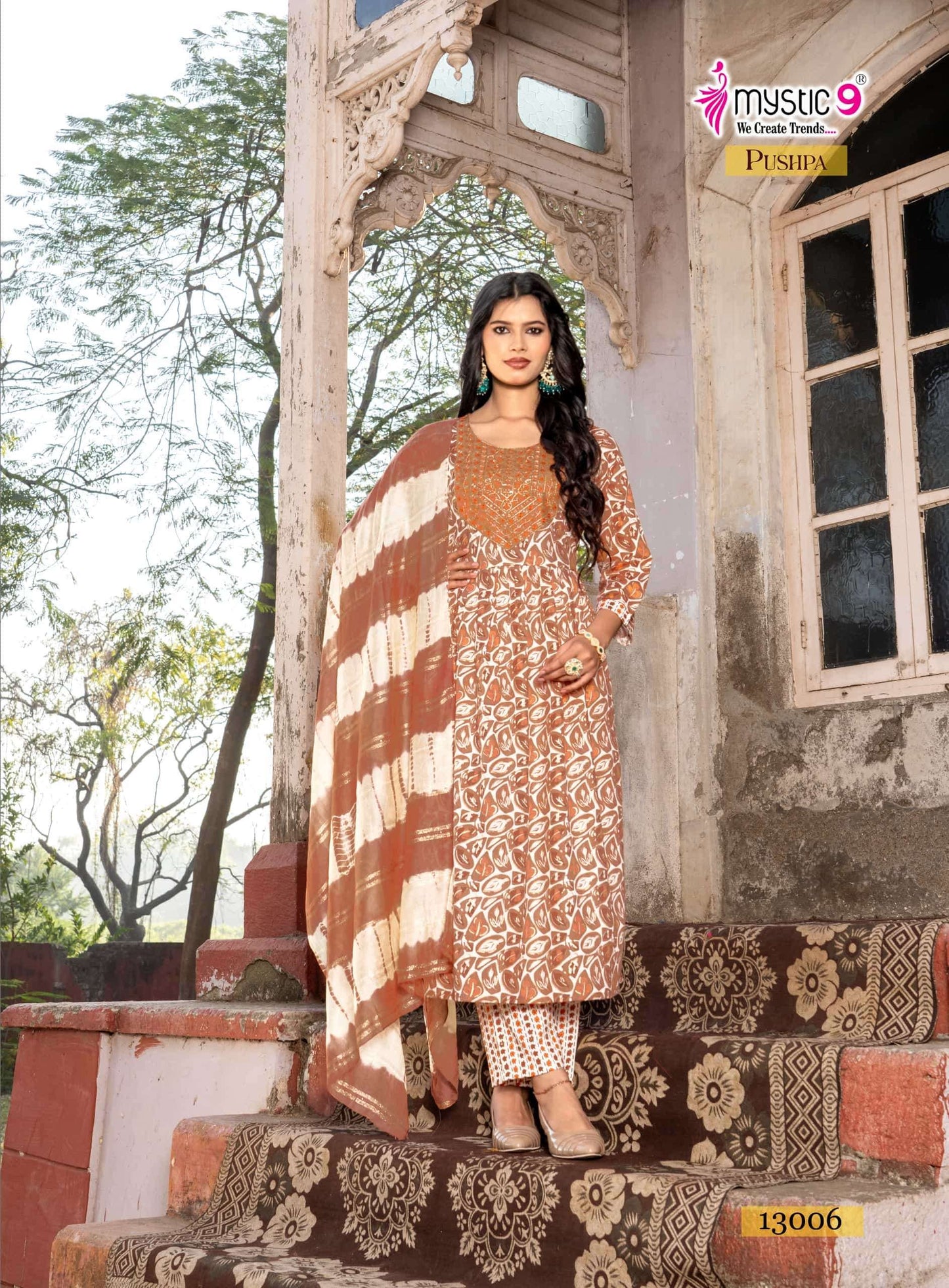 Mystic 9 Pushpa Vol 13 Rayon Capsule Foil Print Kurti Pant Dupatta Set Collection