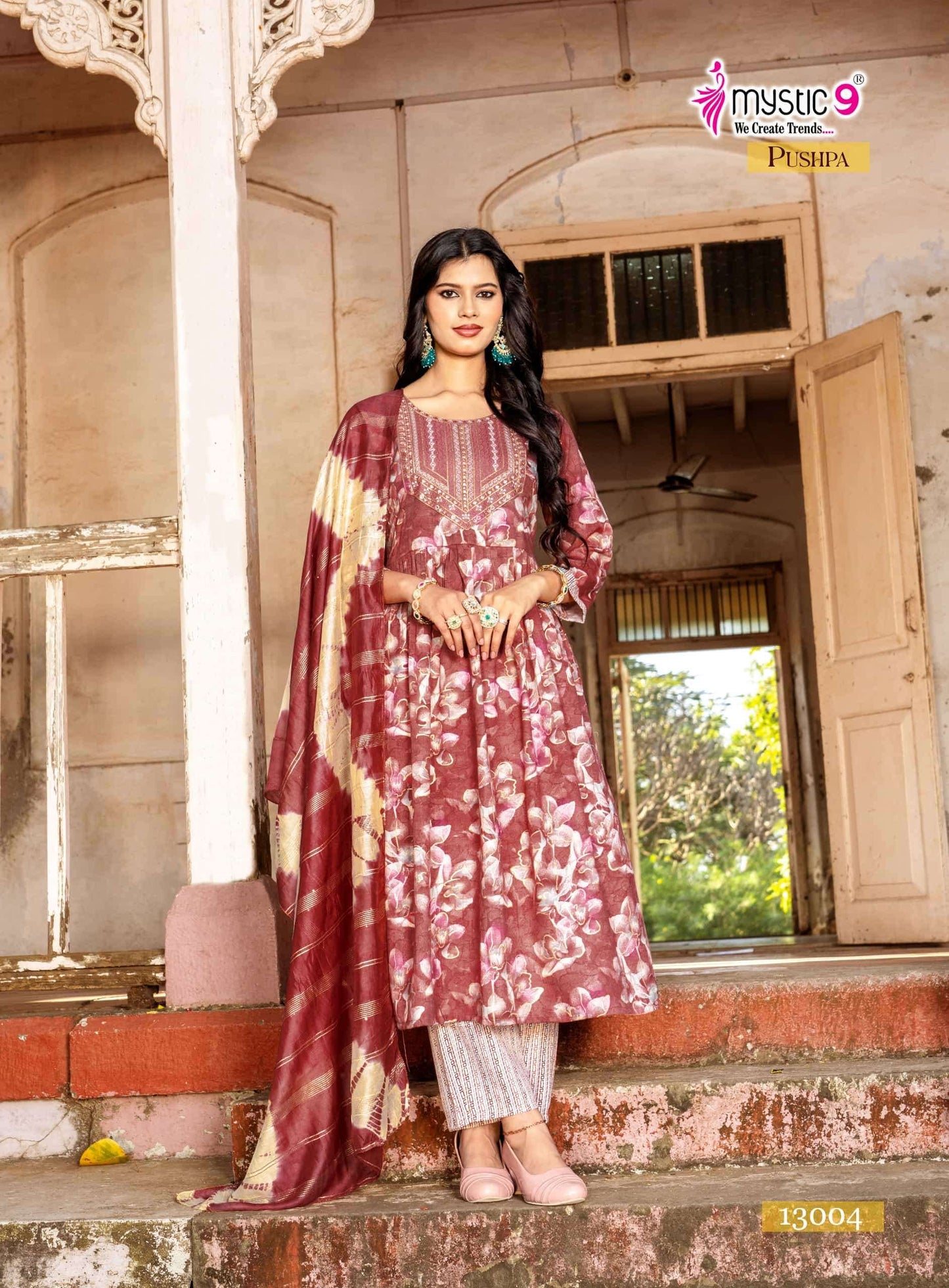Mystic 9 Pushpa Vol 13 Rayon Capsule Foil Print Kurti Pant Dupatta Set Collection