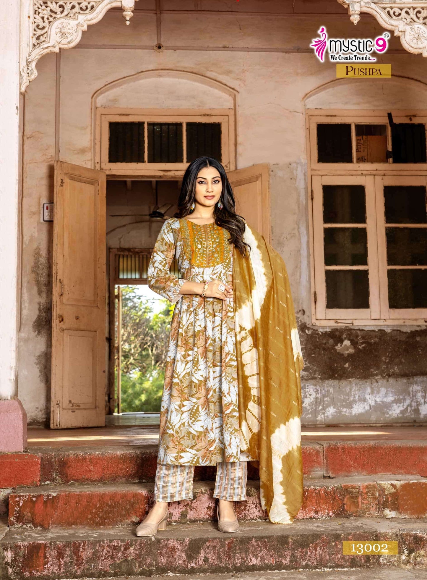 Mystic 9 Pushpa Vol 13 Rayon Capsule Foil Print Kurti Pant Dupatta Set Collection