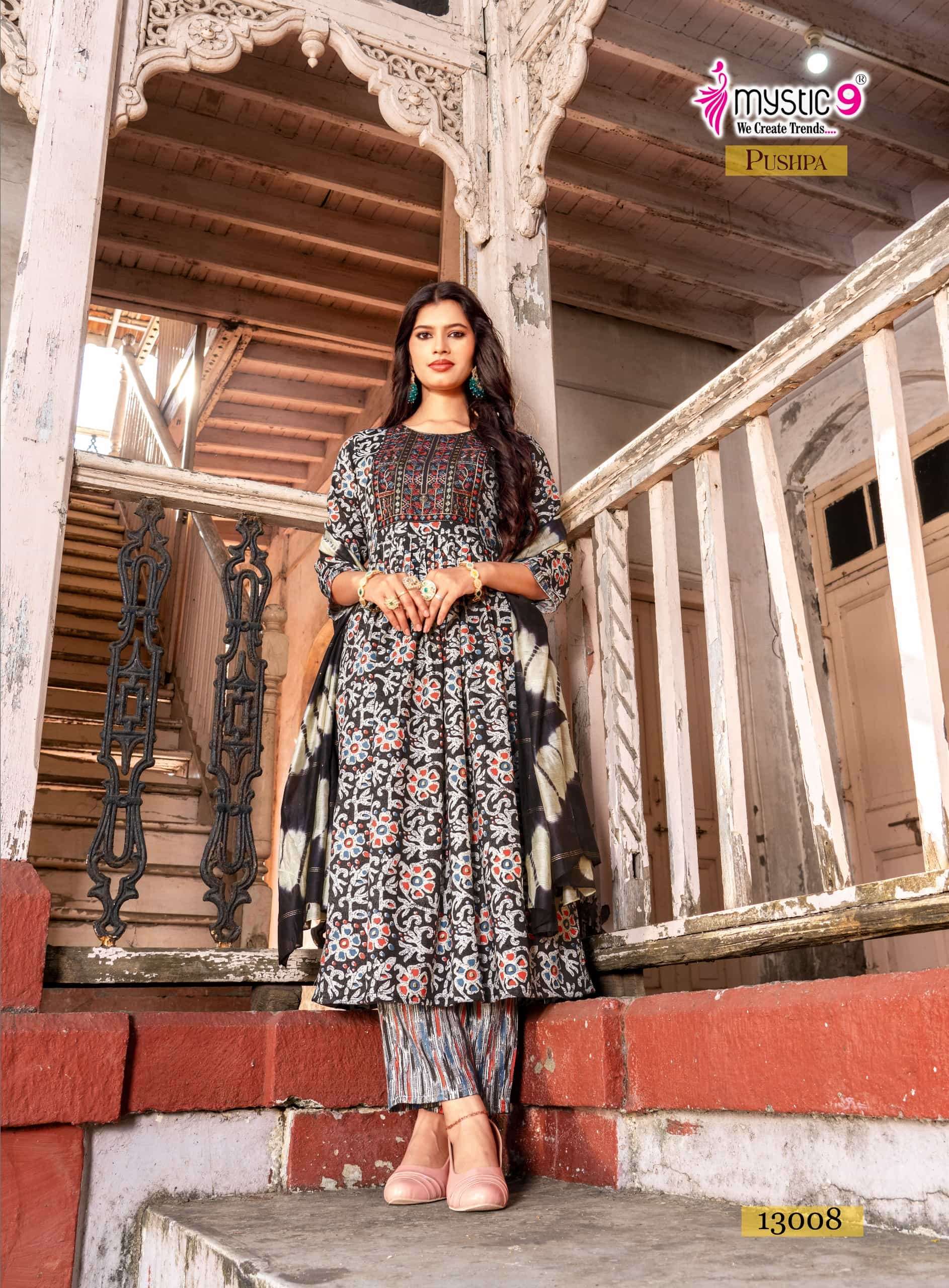 Mystic 9 Pushpa Vol 13 Rayon Capsule Foil Print Kurti Pant Dupatta Set Collection