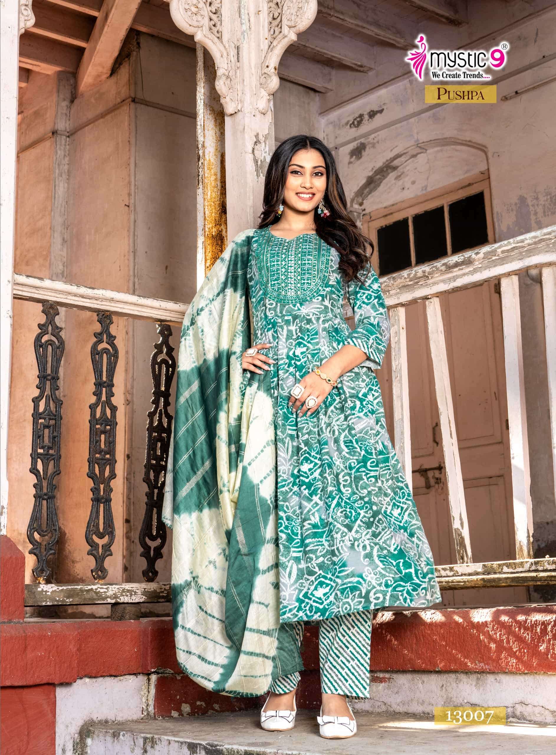 Mystic 9 Pushpa Vol 13 Rayon Capsule Foil Print Kurti Pant Dupatta Set Collection