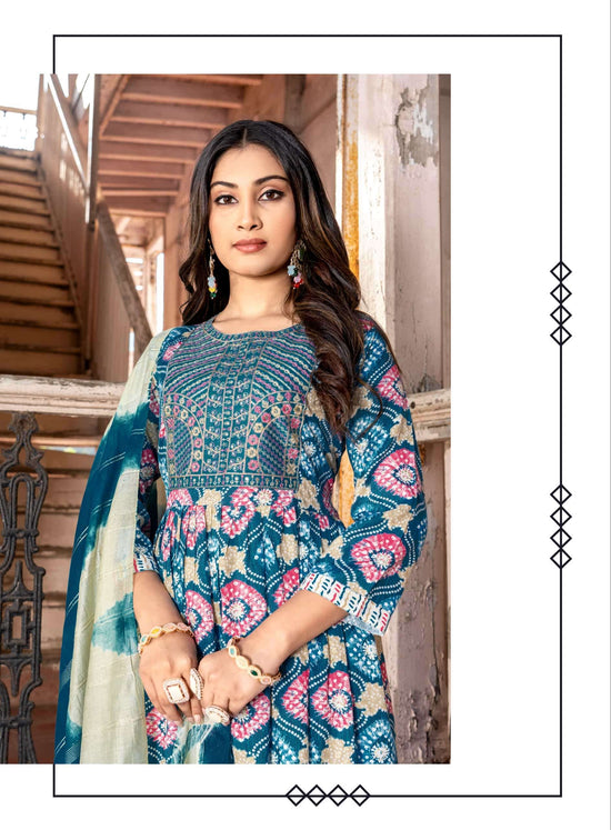 Mystic 9 Pushpa Vol 13 Rayon Capsule Foil Print Kurti Pant Dupatta Set Collection