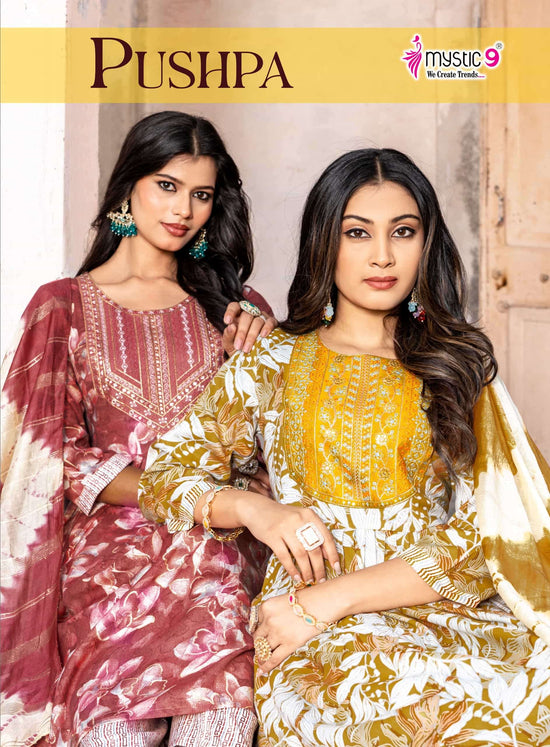 Mystic 9 Pushpa Vol 13 Rayon Capsule Foil Print Kurti Pant Dupatta Set Collection
