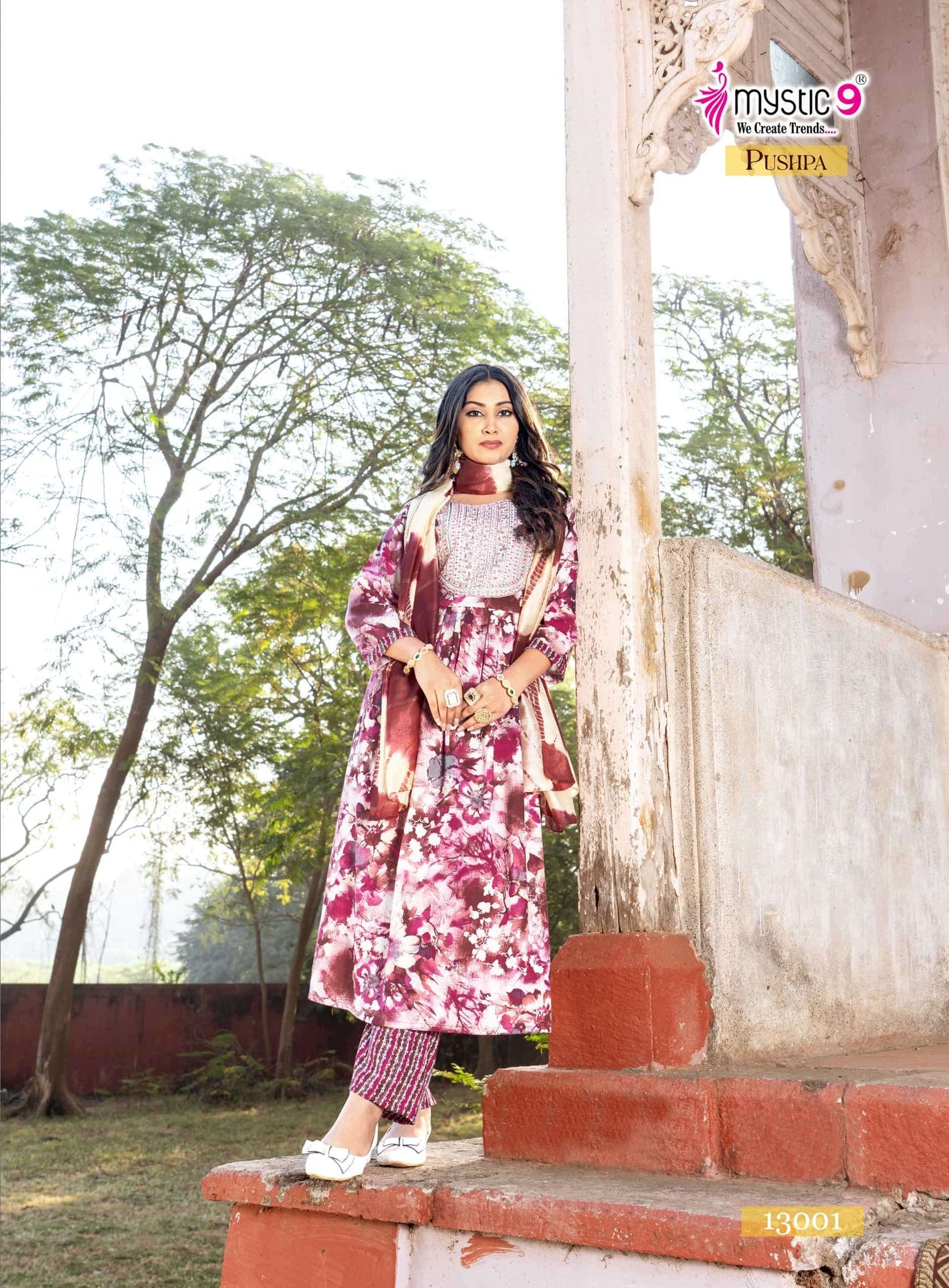 Mystic 9 Pushpa Vol 13 Rayon Capsule Foil Print Kurti Pant Dupatta Set Collection