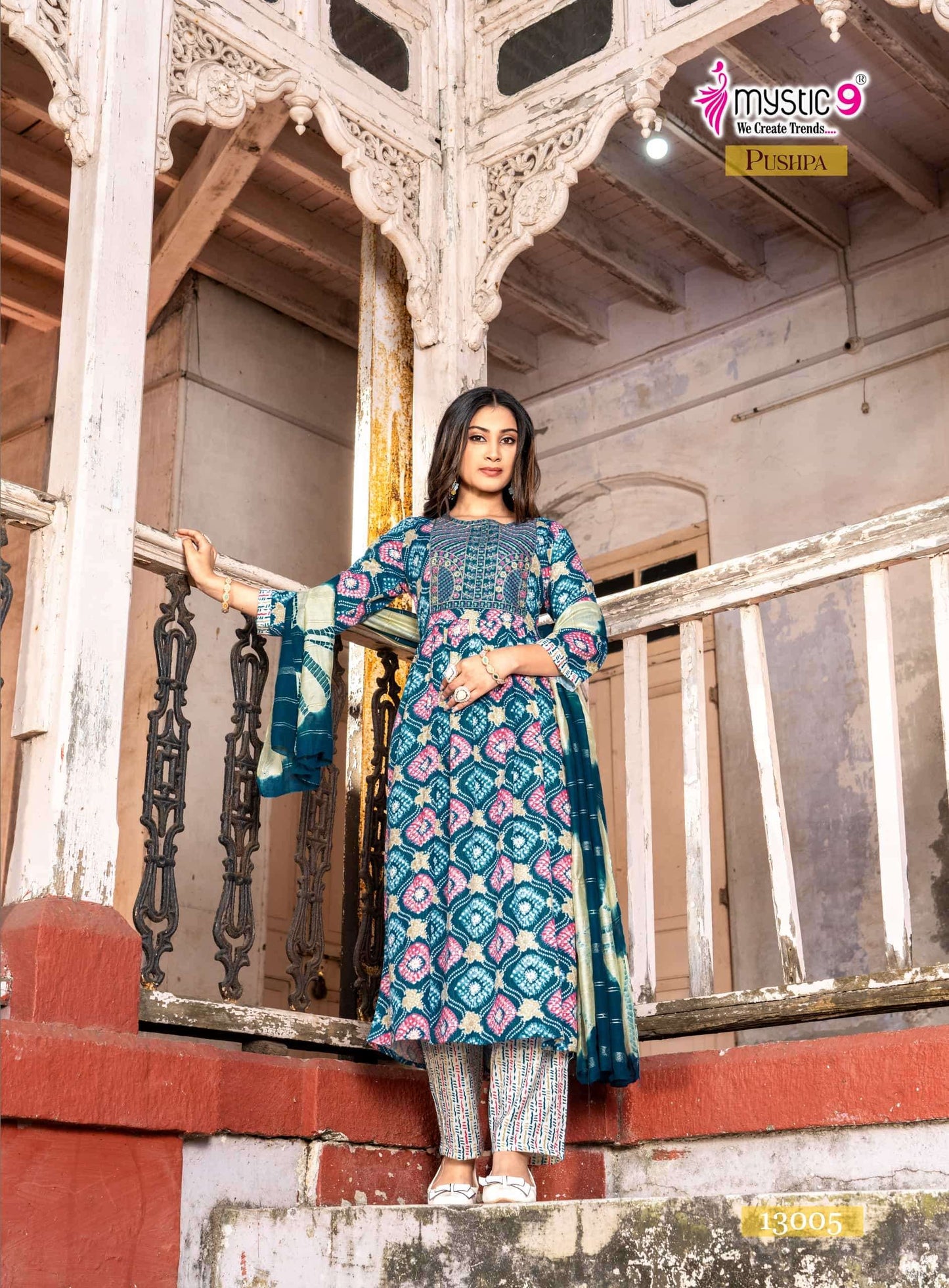 Mystic 9 Pushpa Vol 13 Rayon Capsule Foil Print Kurti Pant Dupatta Set Collection
