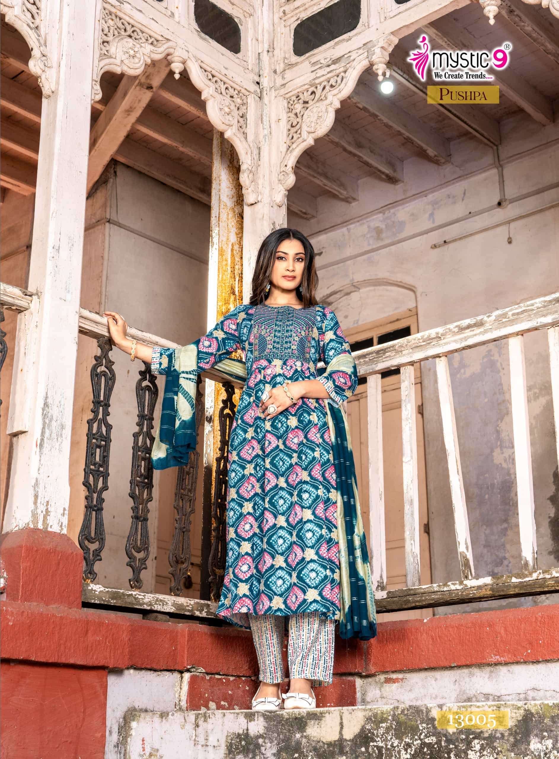 Mystic 9 Pushpa Vol 13 Rayon Capsule Foil Print Kurti Pant Dupatta Set Collection