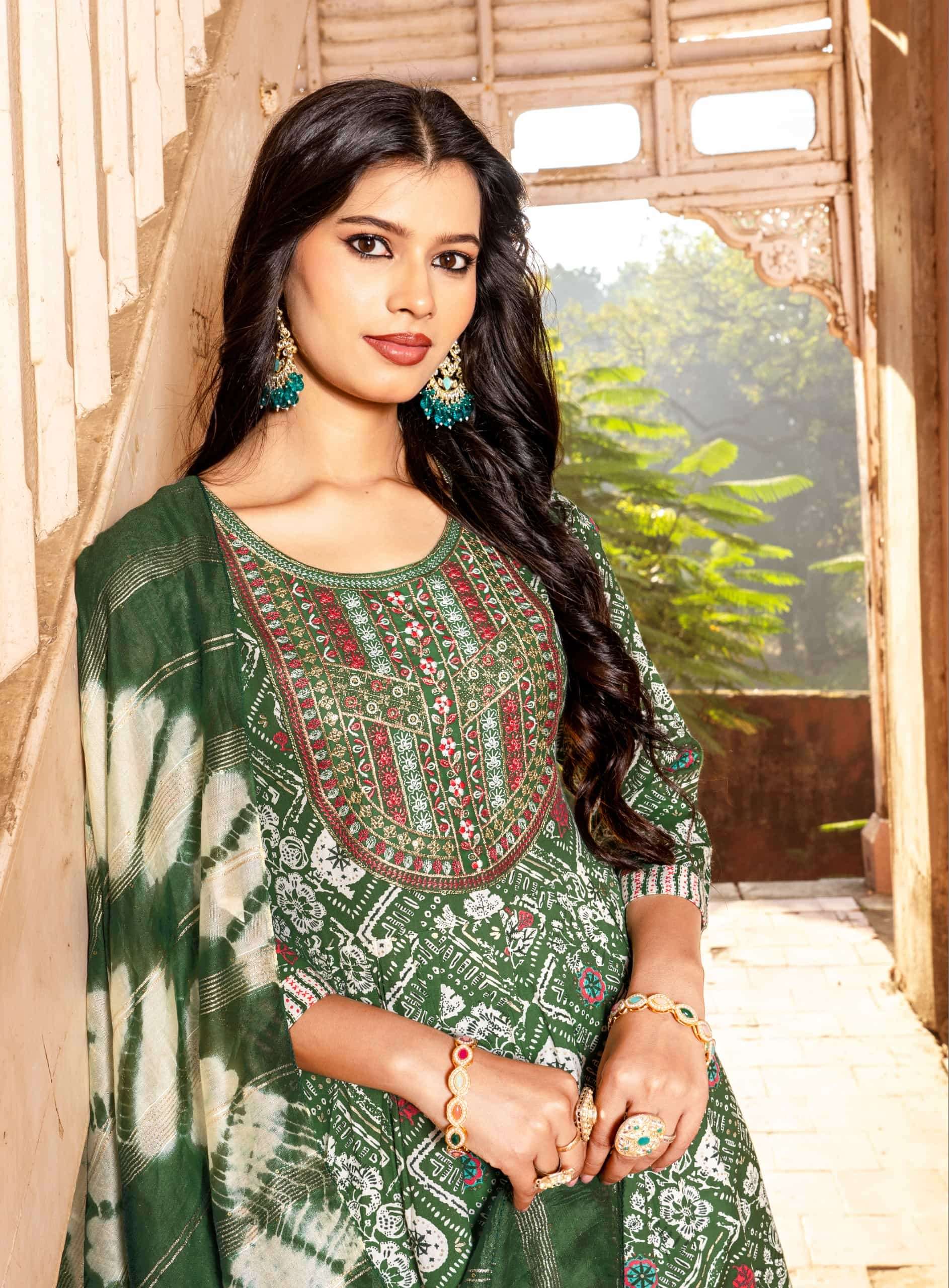 Mystic 9 Pushpa Vol 13 Rayon Capsule Foil Print Kurti Pant Dupatta Set Collection