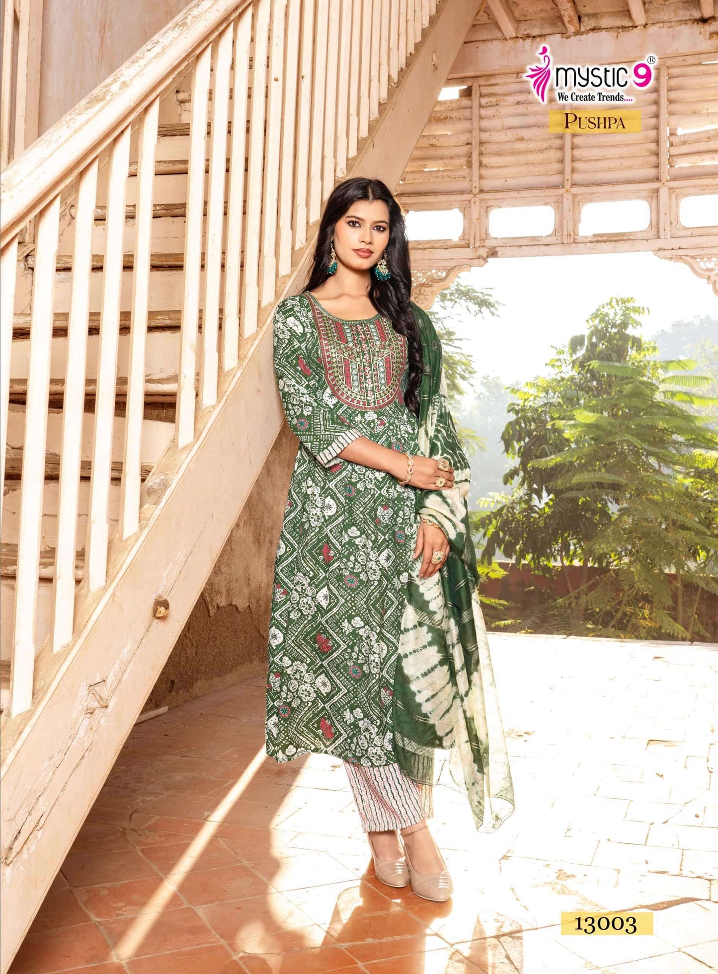 Mystic 9 Pushpa Vol 13 Rayon Capsule Foil Print Kurti Pant Dupatta Set Collection