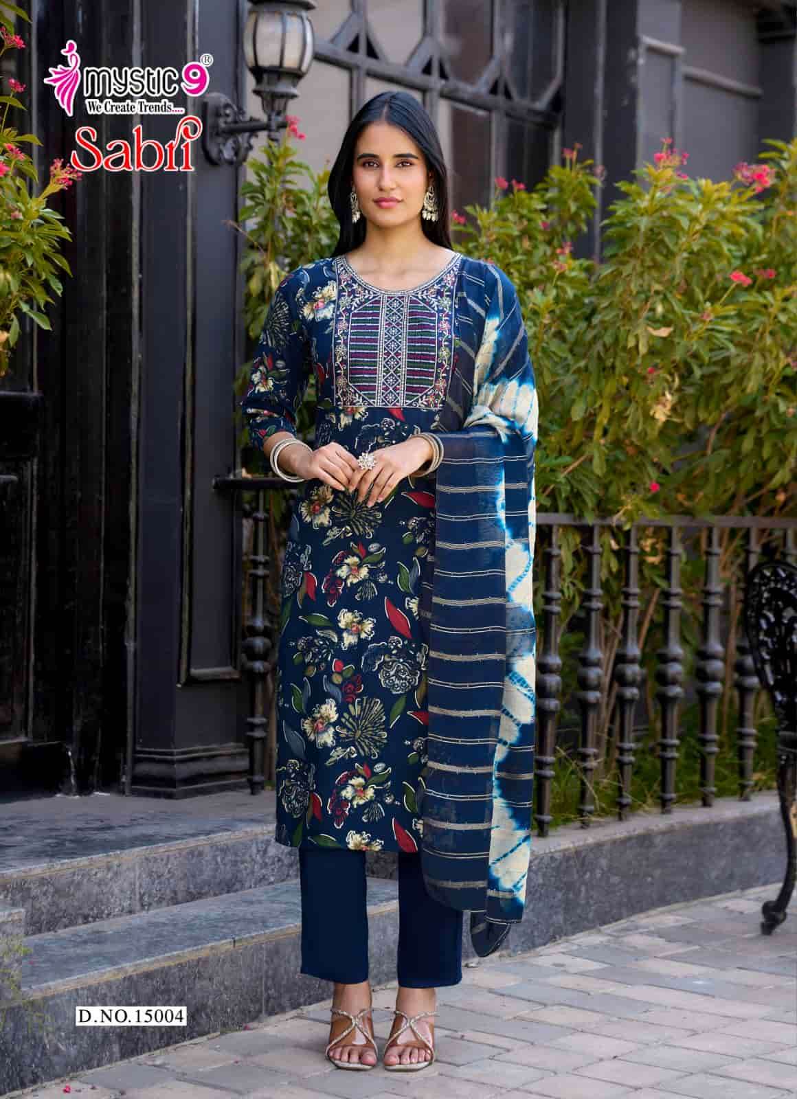 Mystic 9 Sabri Vol 15 Rayon Foil Print Kurti Pant Dupatta Set