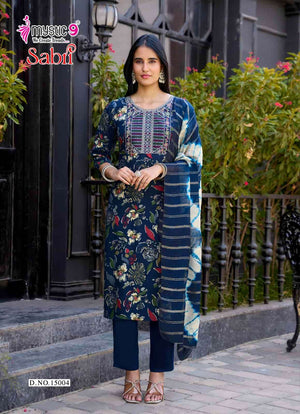 Mystic 9 Sabri Vol 15 Rayon Foil Print Kurti Pant Dupatta Set