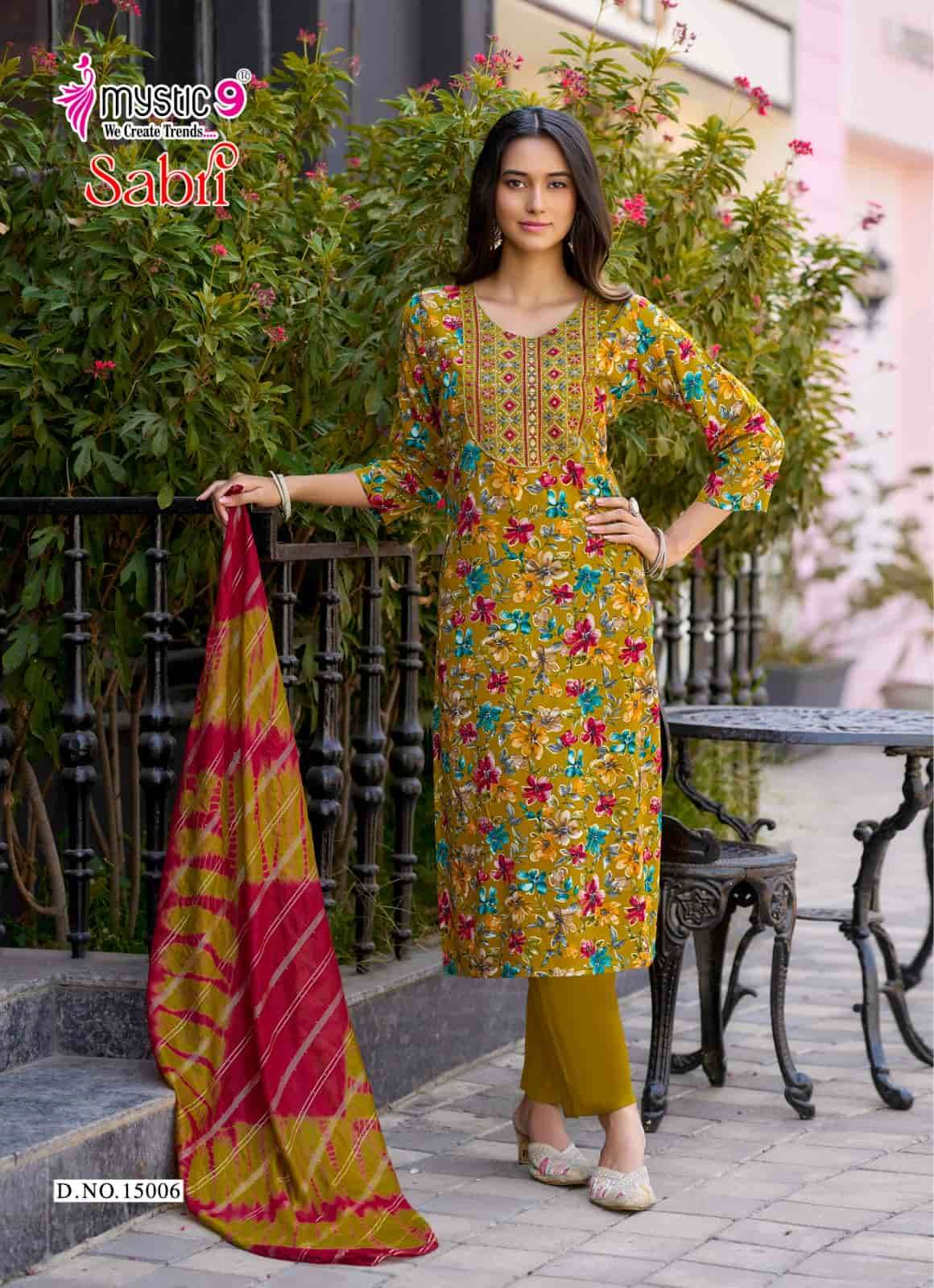 Mystic 9 Sabri Vol 15 Rayon Foil Print Kurti Pant Dupatta Set