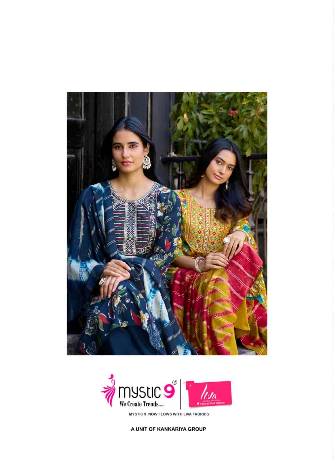 Mystic 9 Sabri Vol 15 Rayon Foil Print Kurti Pant Dupatta Set