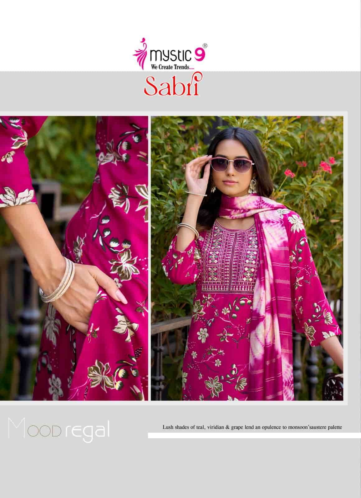 Mystic 9 Sabri Vol 15 Rayon Foil Print Kurti Pant Dupatta Set