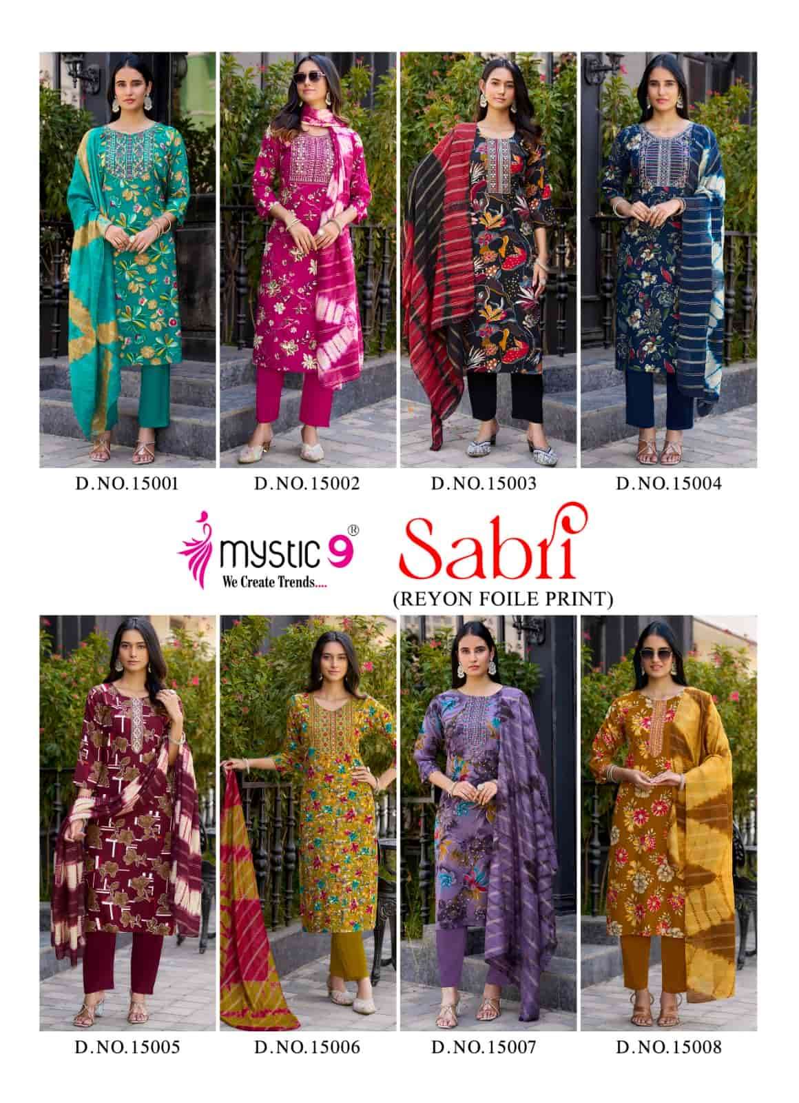 Mystic 9 Sabri Vol 15 Rayon Foil Print Kurti Pant Dupatta Set