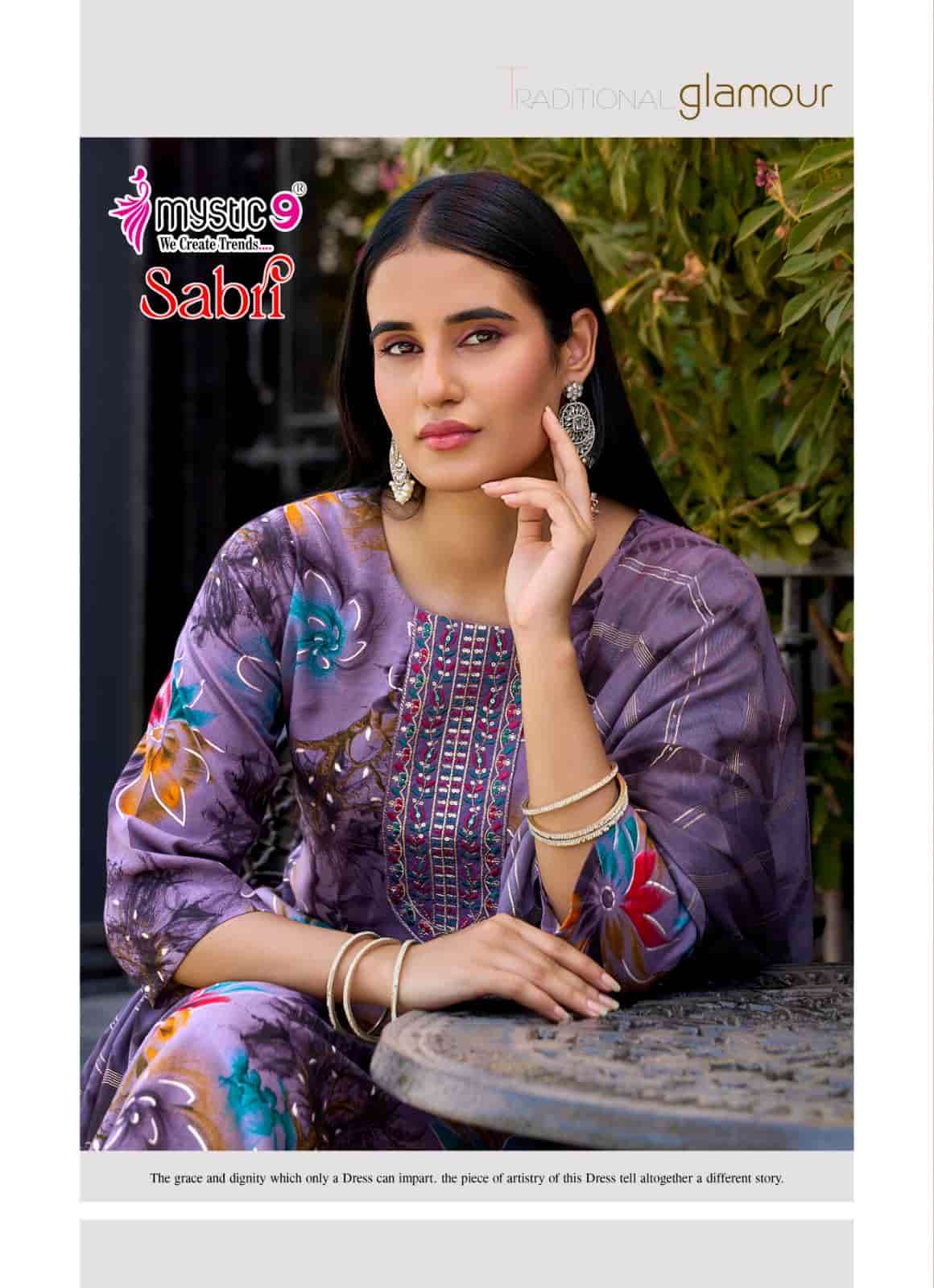Mystic 9 Sabri Vol 15 Rayon Foil Print Kurti Pant Dupatta Set