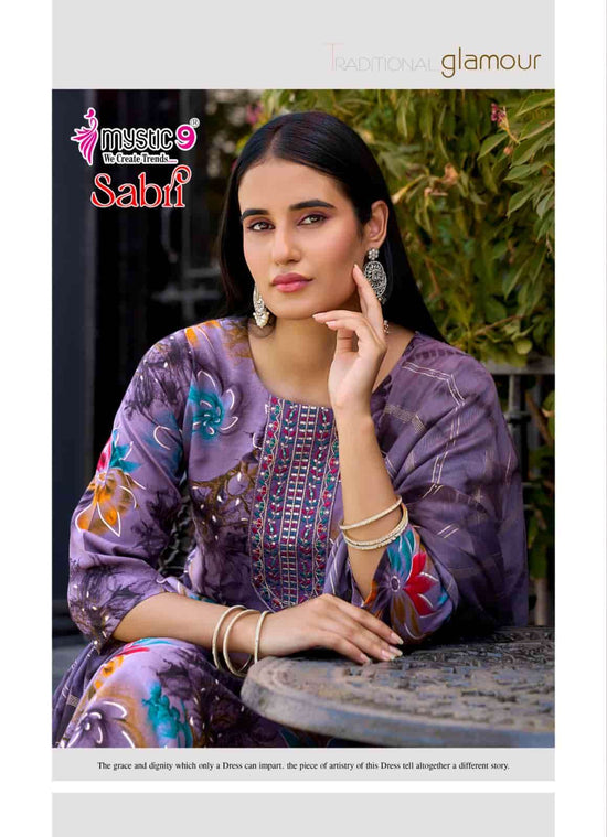 Mystic 9 Sabri Vol 15 Rayon Foil Print Kurti Pant Dupatta Set