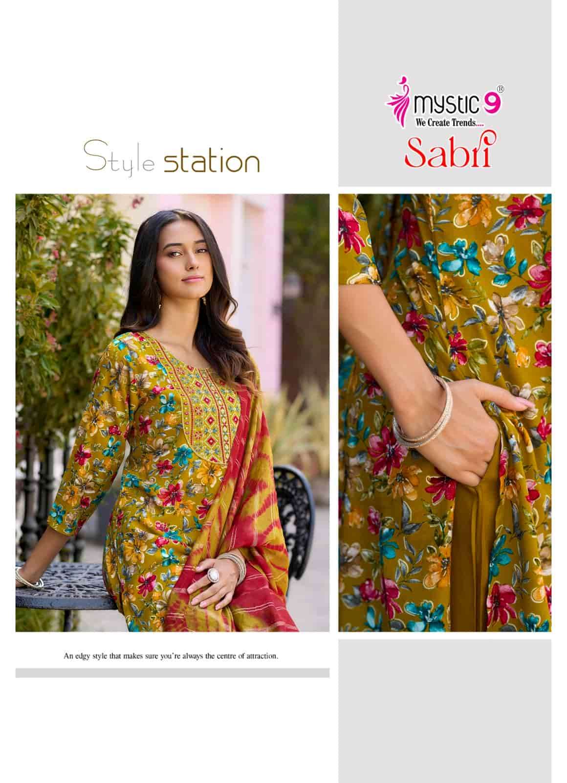 Mystic 9 Sabri Vol 15 Rayon Foil Print Kurti Pant Dupatta Set