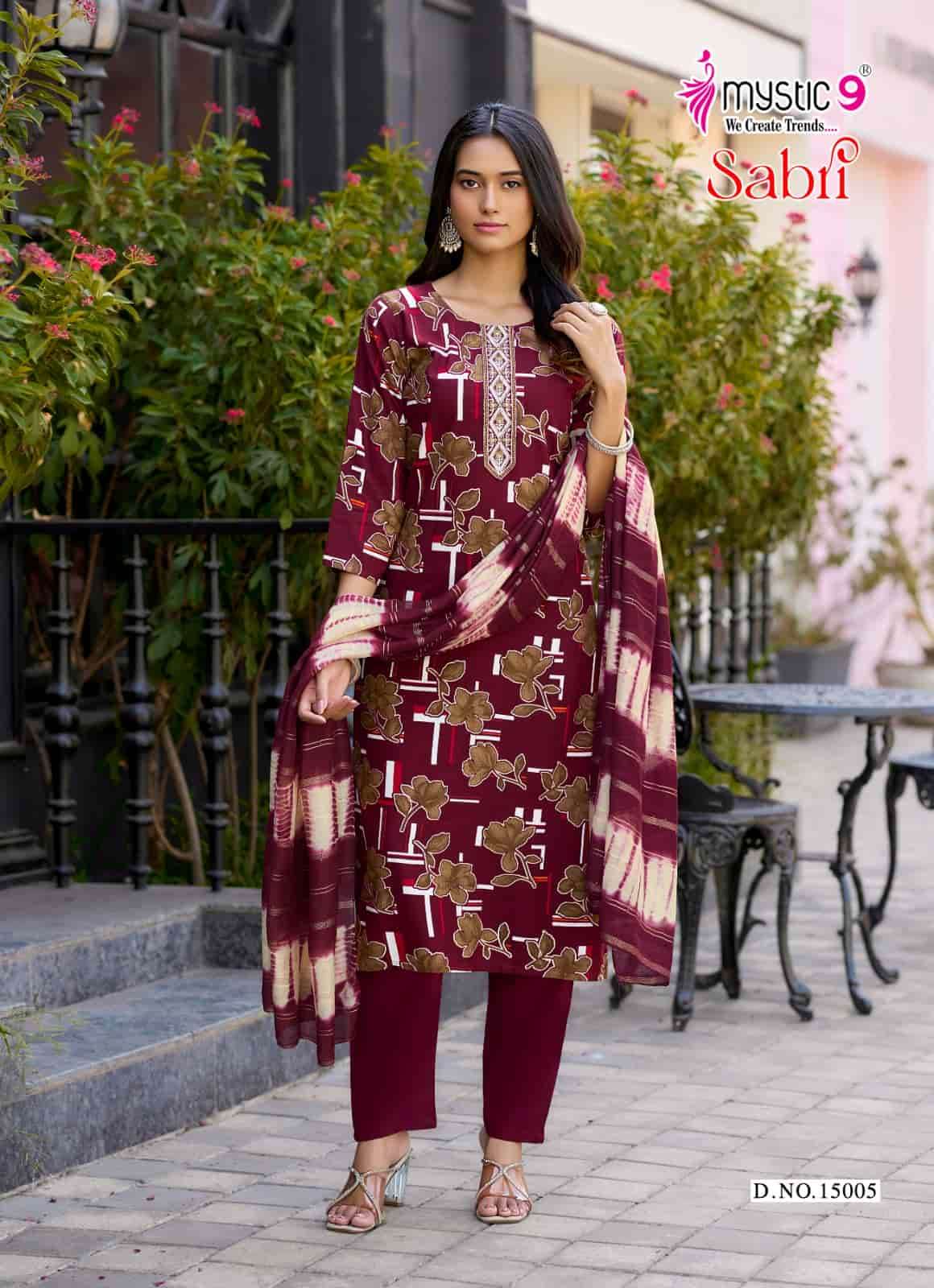 Mystic 9 Sabri Vol 15 Rayon Foil Print Kurti Pant Dupatta Set