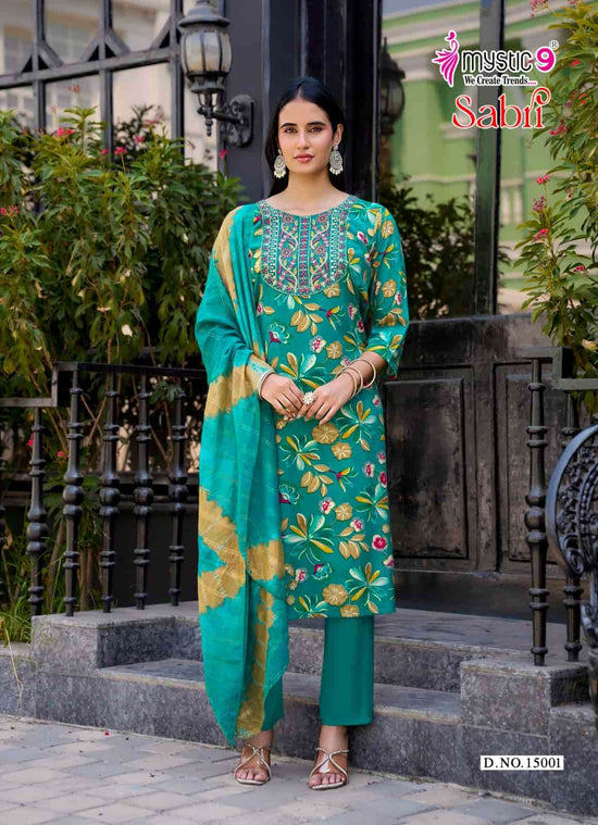 Mystic 9 Sabri Vol 15 Rayon Foil Print Kurti Pant Dupatta Set