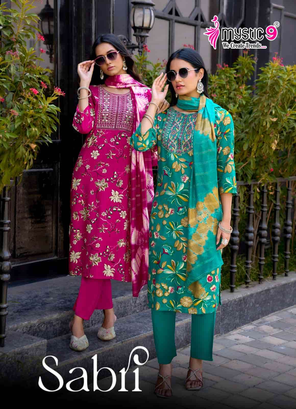 Mystic 9 Sabri Vol 15 Rayon Foil Print Kurti Pant Dupatta Set