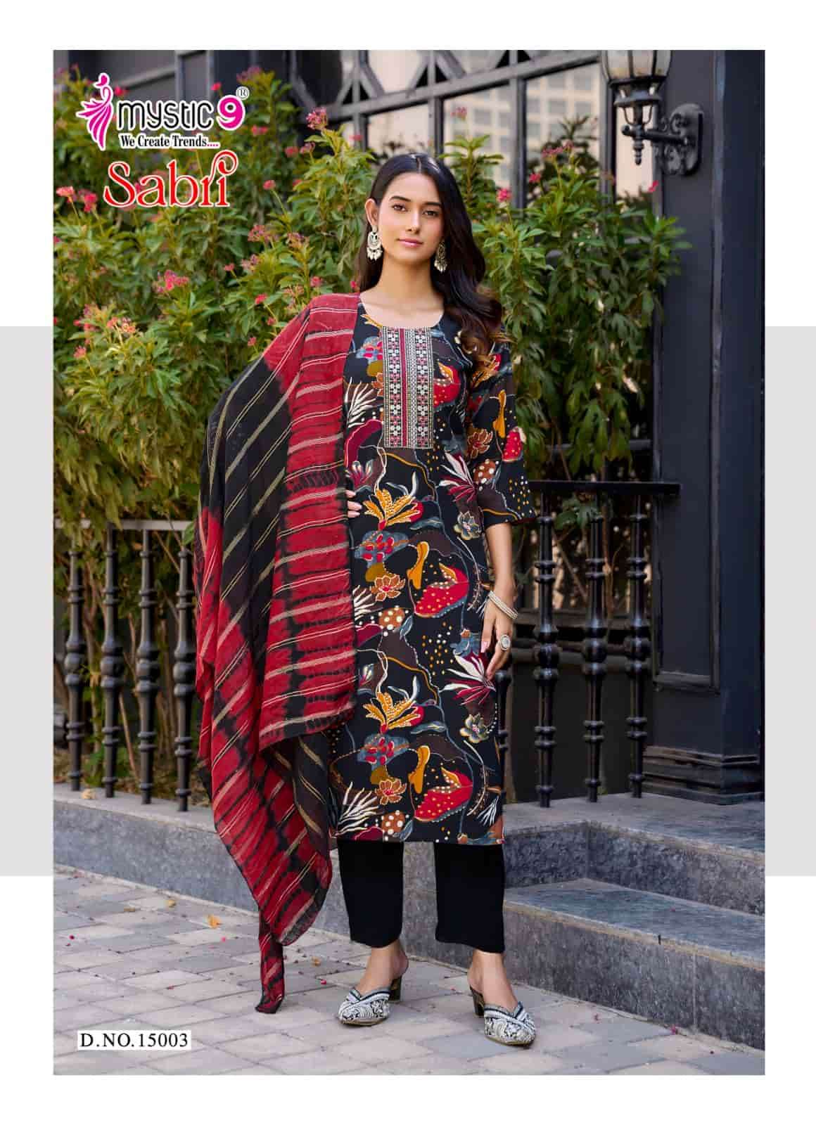 Mystic 9 Sabri Vol 15 Rayon Foil Print Kurti Pant Dupatta Set