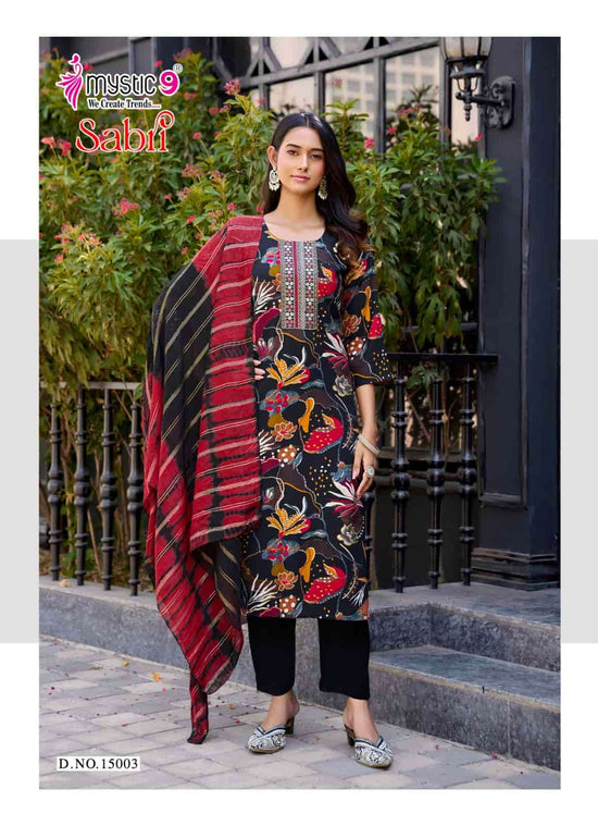 Mystic 9 Sabri Vol 15 Rayon Foil Print Kurti Pant Dupatta Set
