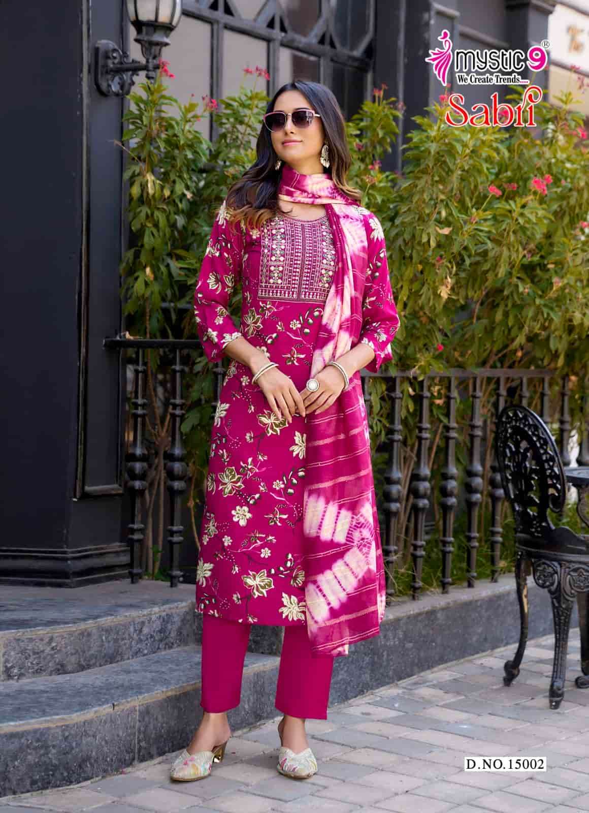 Mystic 9 Sabri Vol 15 Rayon Foil Print Kurti Pant Dupatta Set