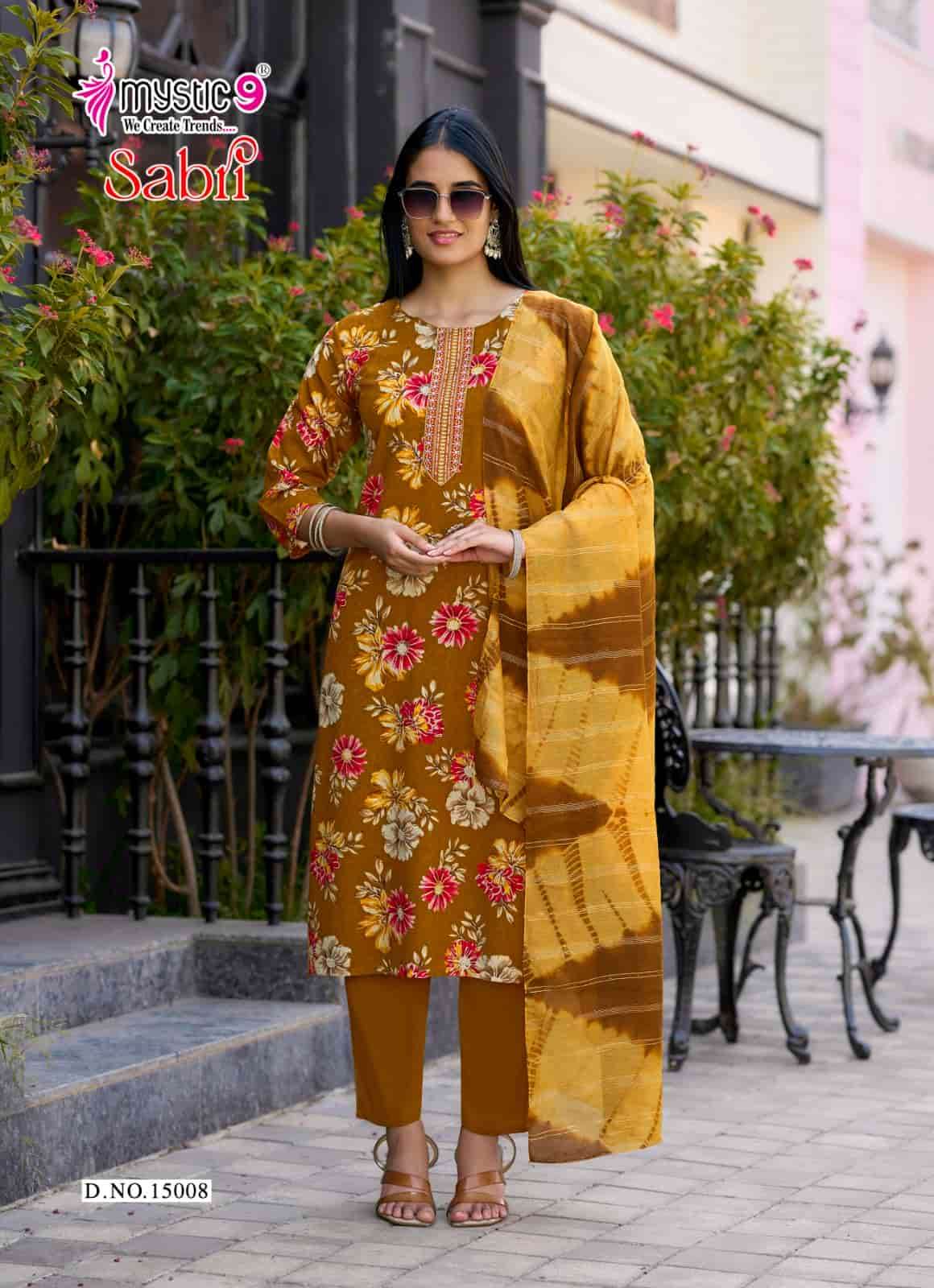 Mystic 9 Sabri Vol 15 Rayon Foil Print Kurti Pant Dupatta Set