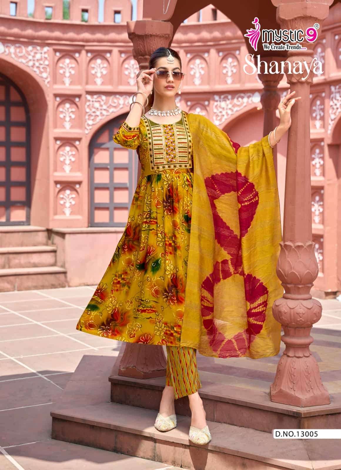 Mystic 9 Shanaya Vol 13 Rayon Embroidered Kurti Pant Dupatta Set - Amrah Wholesale
