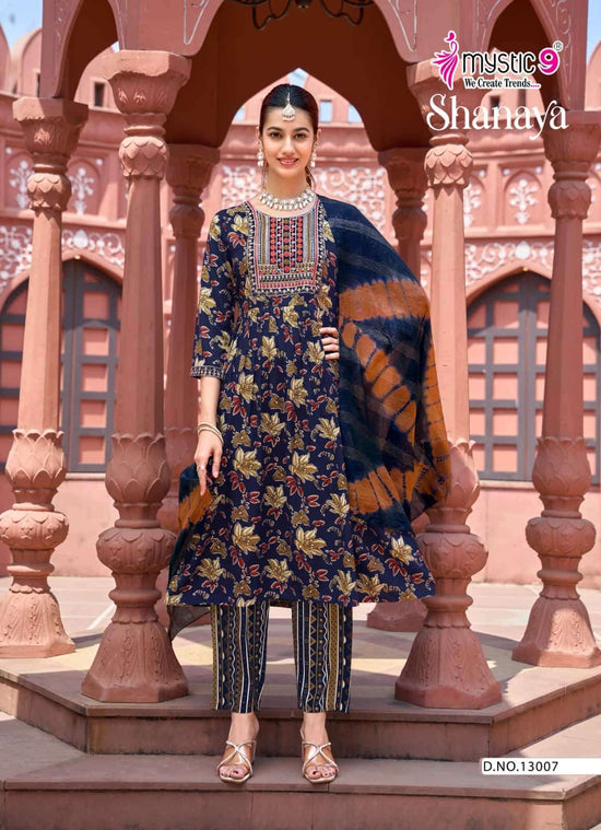 Mystic 9 Shanaya Vol 13 Rayon Embroidered Kurti Pant Dupatta Set - Amrah Wholesale