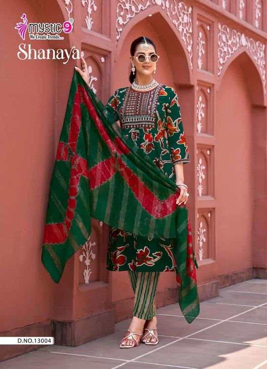 Mystic 9 Shanaya Vol 13 Rayon Embroidered Kurti Pant Dupatta Set - Amrah Wholesale