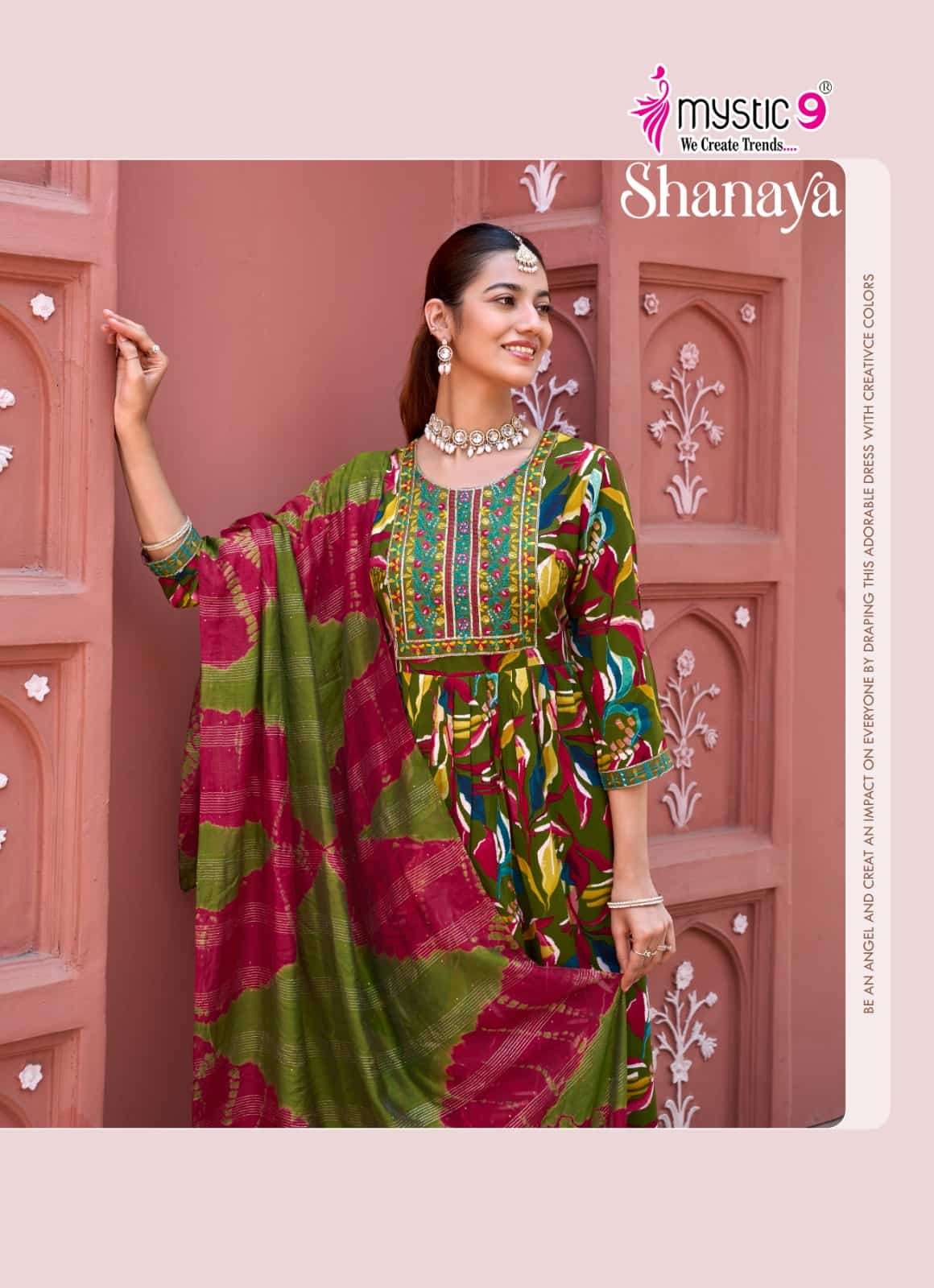 Mystic 9 Shanaya Vol 13 Rayon Embroidered Kurti Pant Dupatta Set - Amrah Wholesale
